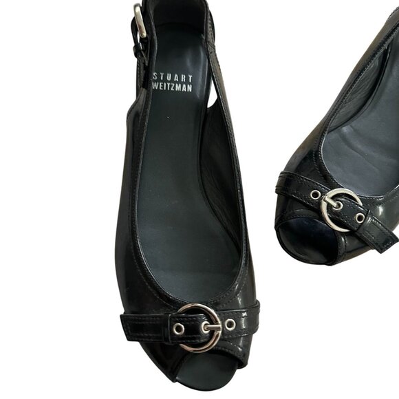 STUART WEITZMAN Black Patent Leather Peeptoe Buckle Flats Size 6.5 - Picture 7 of 9